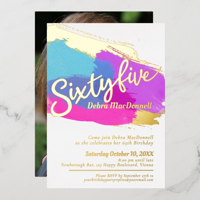 65th Birthday party gold photo bright abstract art (Front/Back)