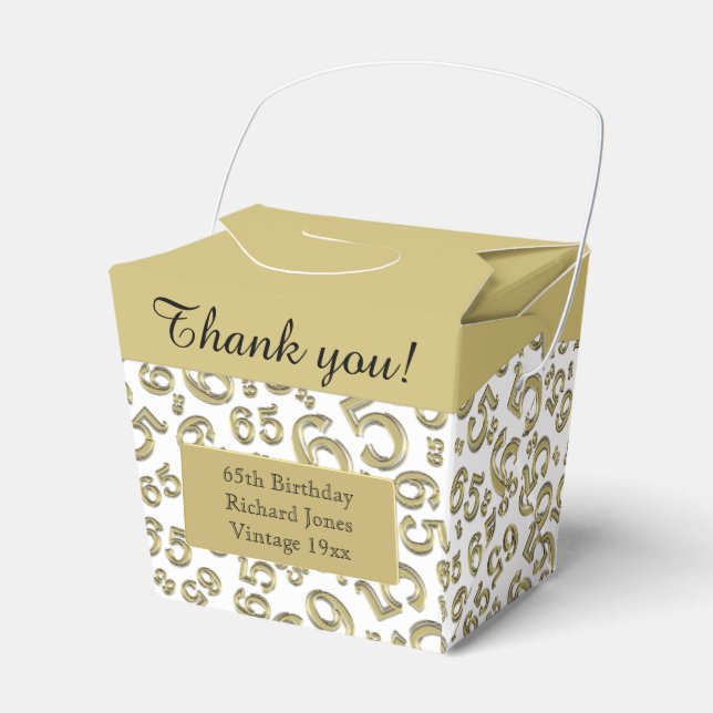 65th Birthday Party Gold/White Number Pattern Favour Box (Front Side)