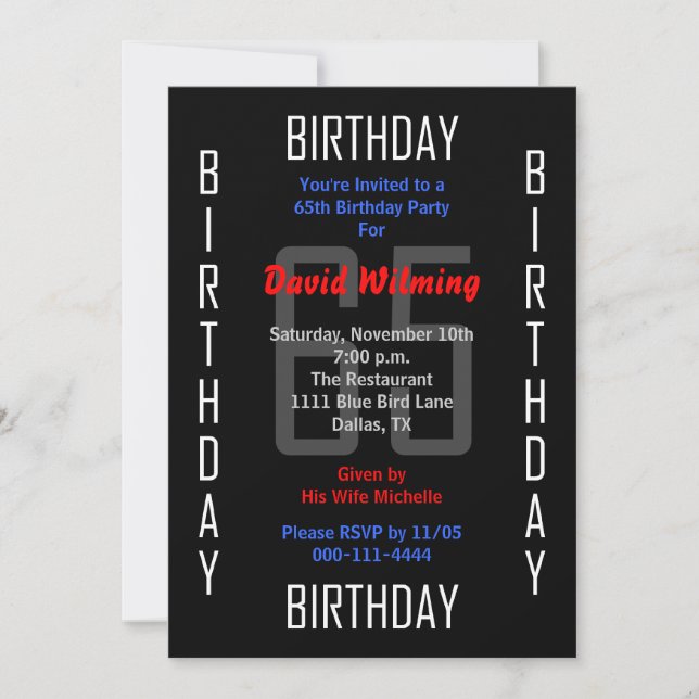65th Birthday Party Invitation 65 (Front)