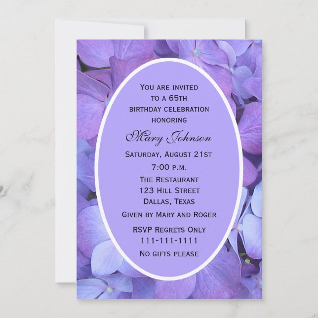 65th Birthday Party Invitation Hydrangea (Front)