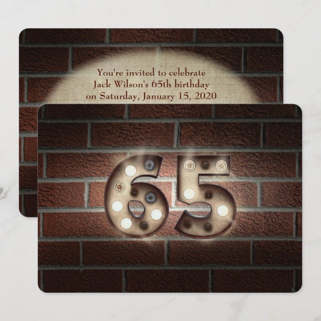65th Birthday Party-marquee lights on brick Invitation (Front/Back)