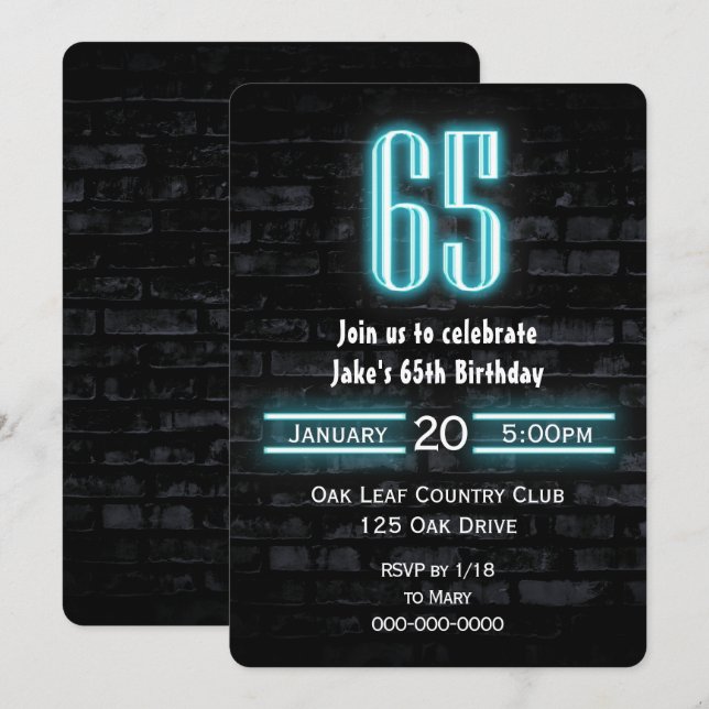 65th Birthday Party Neon Sign on Brick Invitation (Front/Back)