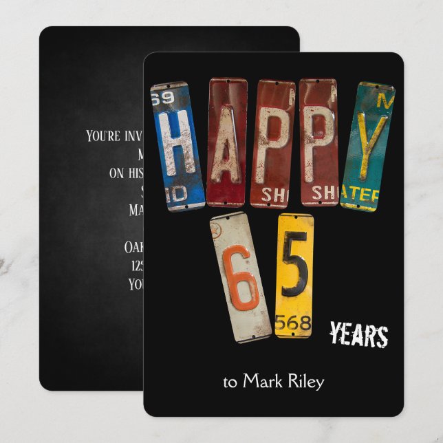 65th birthday party-old license plates invitation (Front/Back)