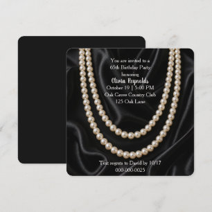65th Birthday Party Pearls on Black Silk Invitation