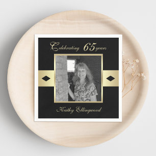 65th Birthday Party Photo on Black Napkin