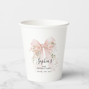 65th Birthday Party Pink Bow with Roses Custom Paper Cups