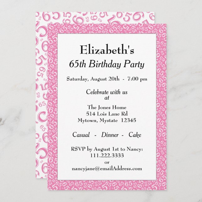 65th Birthday Party, Pink/White Number Pattern Invitation (Front/Back)