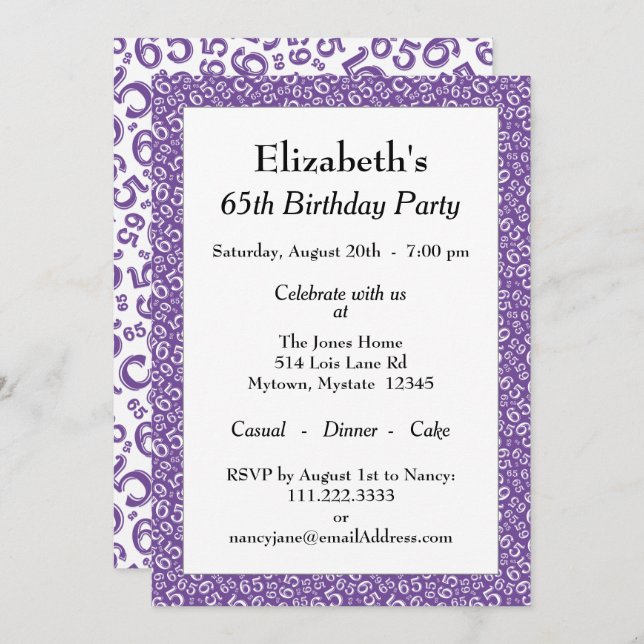 65th Birthday Party Purple/White Number Pattern Invitation (Front/Back)