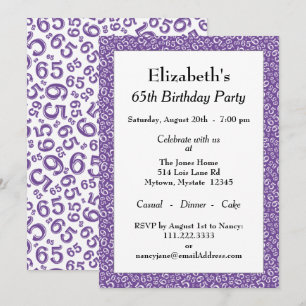 65th Birthday Party Purple/White Number Pattern Invitation