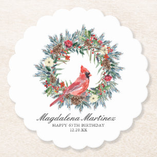 65th Birthday Party Red Cardinal Wreath Custom Paper Coaster