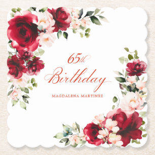 65th Birthday Party Red Pink Floral Custom Paper Coaster