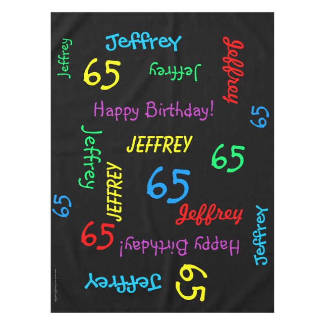 65th Birthday Party, Repeating Names, Black Tablecloth (Front)
