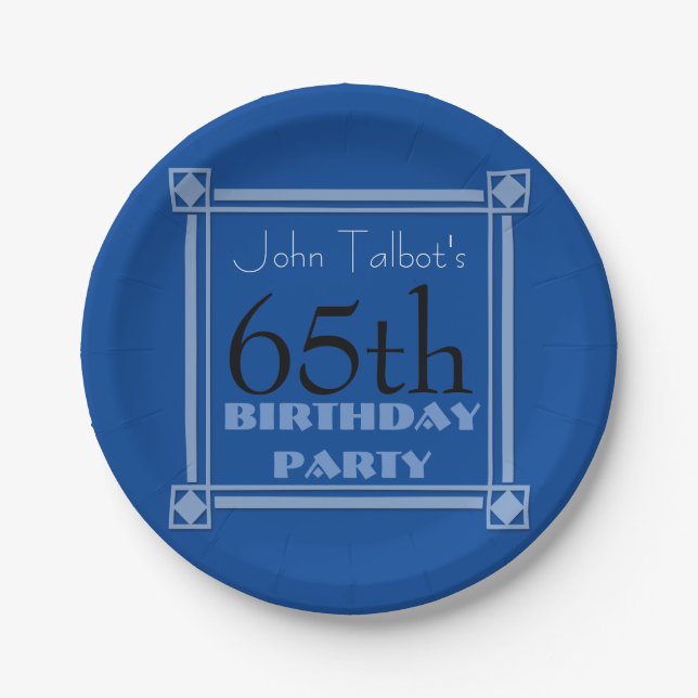65th birthday Party Retro Frame Blue paper Plates (Front)