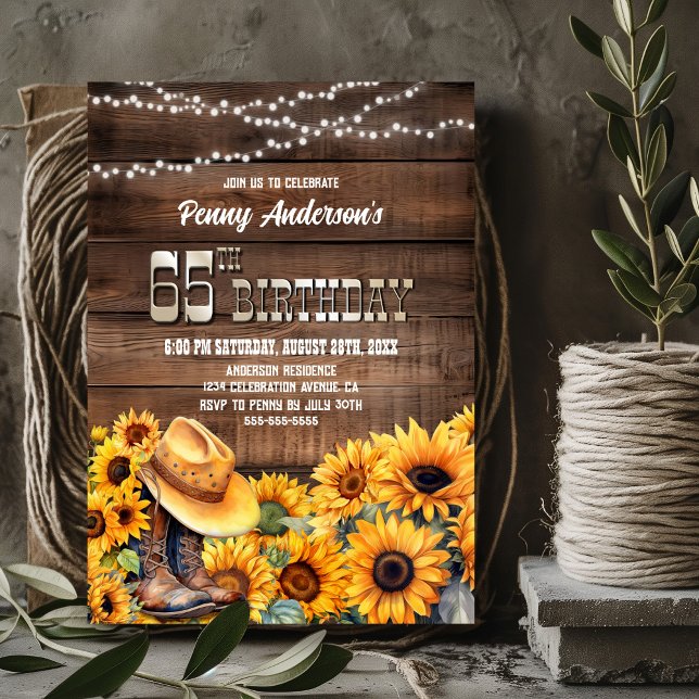 65th Birthday Party Rustic Wood Sunflower Invitation (Creator Uploaded)