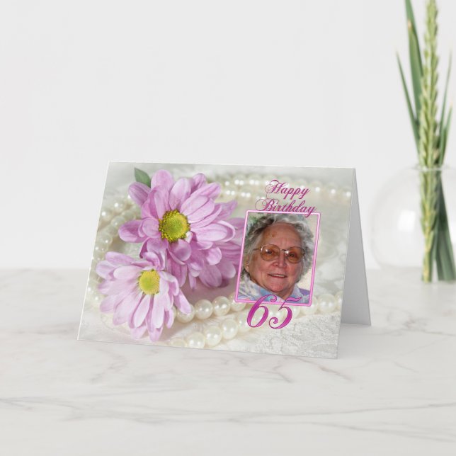 65th birthday photo card with daisies (Front)