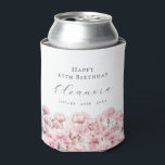 65th Birthday Pink Carnation January Birth Flower Can Cooler<br><div class="desc">Perfect table decor for a January birthday party. Carnation is the birth flower for that month. It forms a pretty watercolor floral bottom border on this festive personalized can cooler. The birthday celebrant's name,  age and birthdate are placed above it using elegant calligraphy and typography. All text is editable.</div>