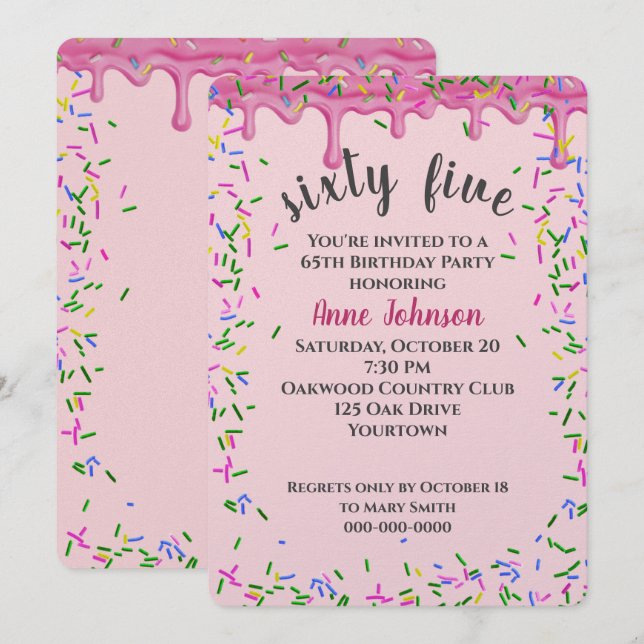 65th Birthday Pink Icing And Sprinkles Invitation (Front/Back)