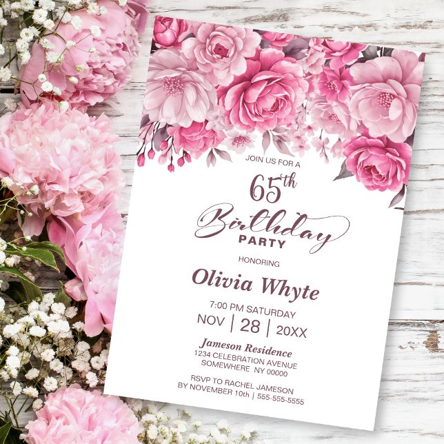 65th Birthday Pink Rose Floral Party Invitation (Creator Uploaded)