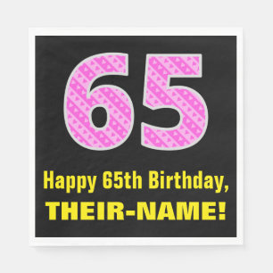 65th Birthday: Pink Stripes and Hearts "65" + Name Napkin