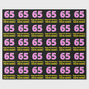 65th Birthday: Pink Stripes and Hearts "65" + Name Wrapping Paper