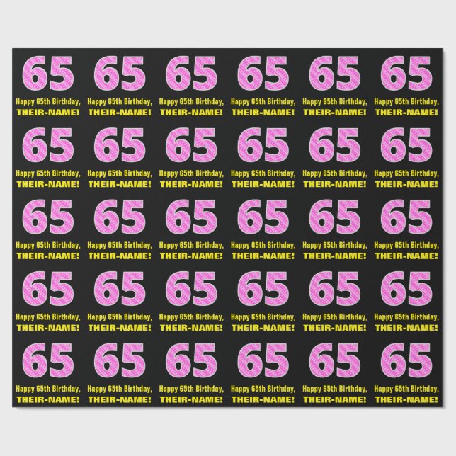 65th Birthday: Pink Stripes and Hearts "65" + Name Wrapping Paper (Flat)