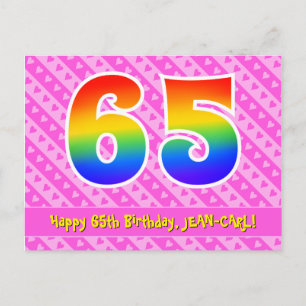 65th Birthday: Pink Stripes & Hearts, Rainbow 65 Postcard
