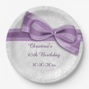 65th Birthday Purple Damask and Faux Bow Paper Plate
