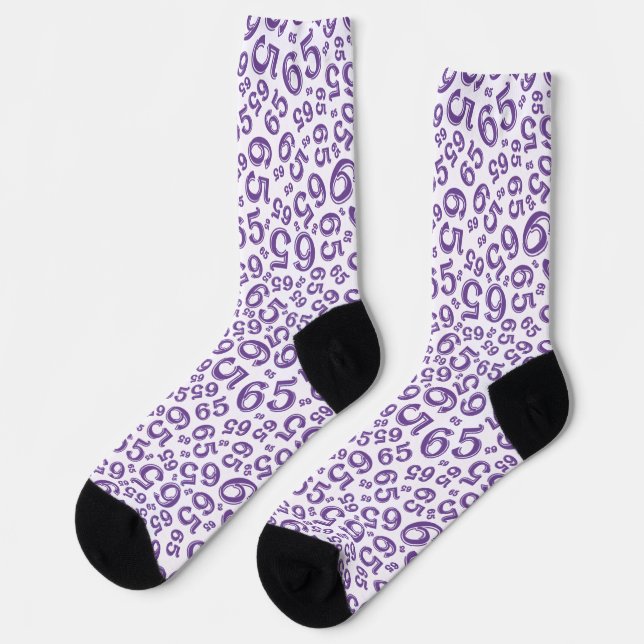 65th Birthday Purple Random Number Pattern Socks (Left)