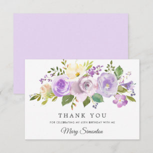 65th Birthday Purple Rose Floral Flat Thank You Card