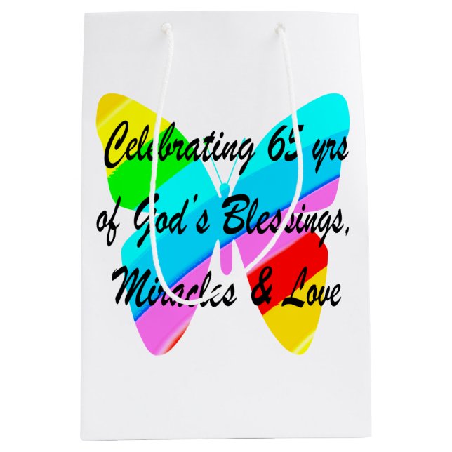 65TH BIRTHDAY RAIN BUTTERFLY DESIGN MEDIUM GIFT BAG (Front)