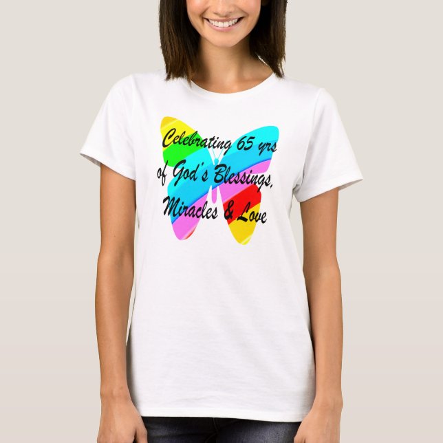 65TH BIRTHDAY RAIN BUTTERFLY DESIGN T-Shirt (Front)