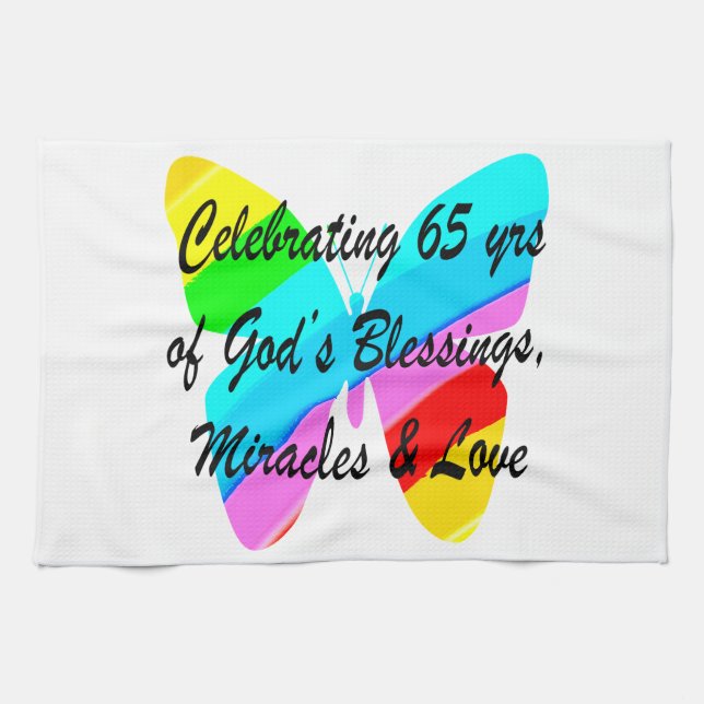 65TH BIRTHDAY RAIN BUTTERFLY DESIGN TEA TOWEL (Horizontal)