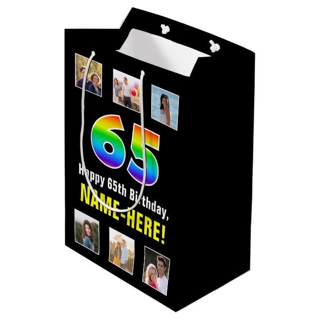 65th Birthday: Rainbow “65“, Custom Photos & Name Medium Gift Bag (Back Angled)