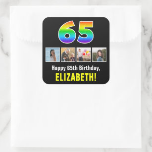 65th Birthday: Rainbow “65”; Custom Photos & Name Square Sticker