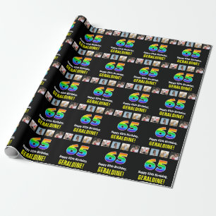 65th Birthday: Rainbow “65“; Custom Photos & Name Wrapping Paper