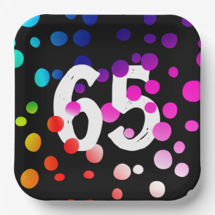 65th Birthday Rainbow Dots on Black  Paper Plate