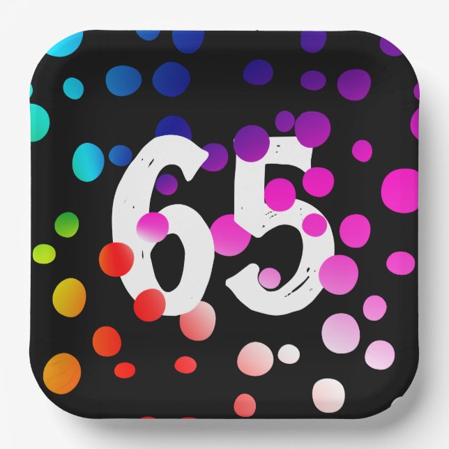 65th Birthday Rainbow Dots on Black  Paper Plate (Front)