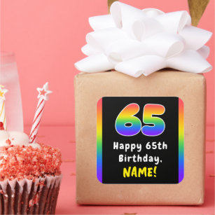 65th Birthday: Rainbow Spectrum # 65, Custom Name Square Sticker