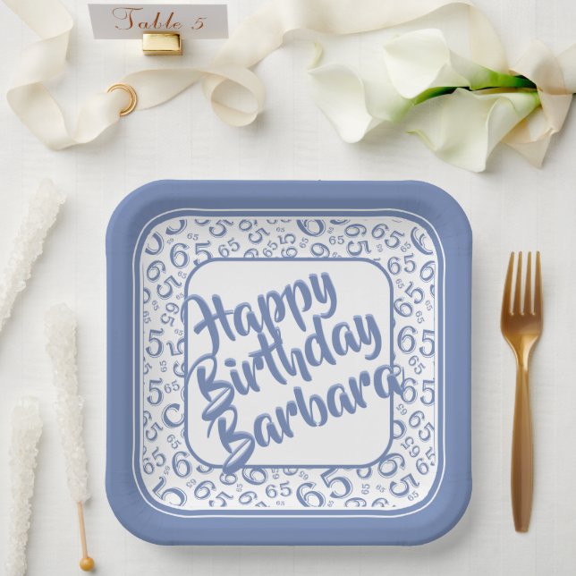 65th Birthday Random Number Pattern Blue/White Paper Plate (Wedding)