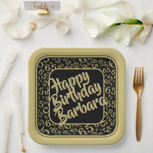 65th Birthday Random Number Pattern Gold/Black Paper Plate