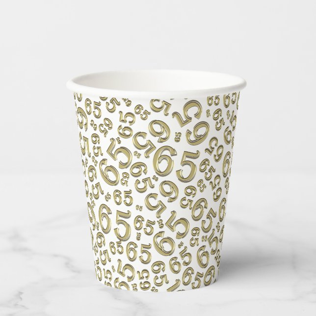 65th Birthday Random Number Pattern Gold/White 65 Paper Cups (Front)