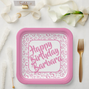 65th Birthday Random Number Pattern Pink/White Paper Plate