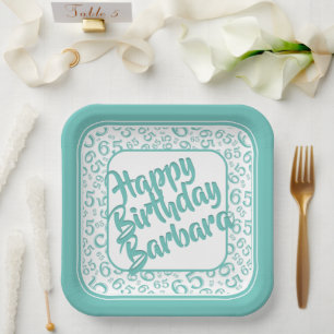65th Birthday Random Number Pattern Teal/White Paper Plate