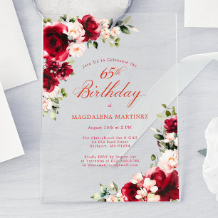 65th Birthday Red Rose Pink Peony Floral Acrylic Invitations