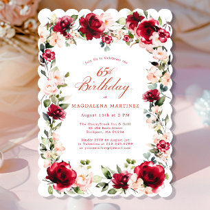 65th Birthday Red Rose Pink Peony Floral Invitation