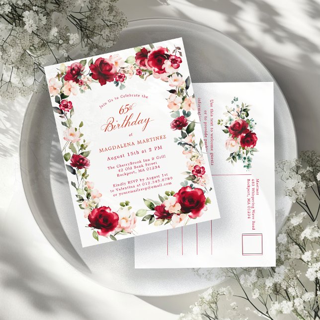 65th Birthday Red Rose Pink Peony Invitation Postcard (Creator Uploaded)