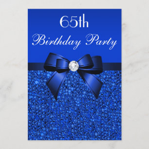 65th Birthday Royal Blue Sequins Bow and Diamond Invitation