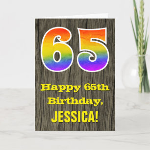 65th Birthday: Rustic Faux Wood Look, Rainbow "65" Card
