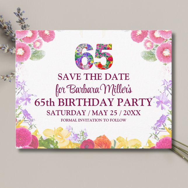 65th Birthday Save the Date, Blush Bloom Floral 65 Announcement Postcard (Creator Uploaded)