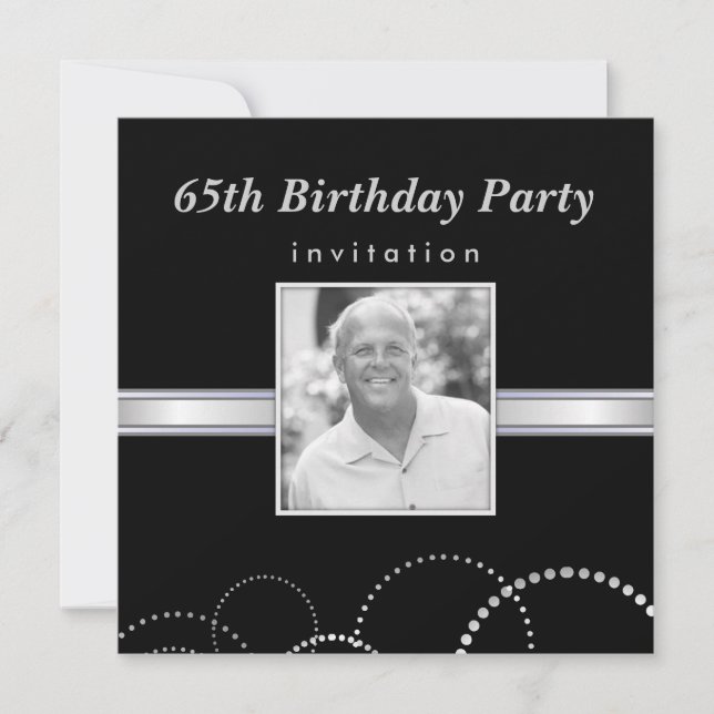 65th Birthday Silver & Black Photo Invitations (Front)